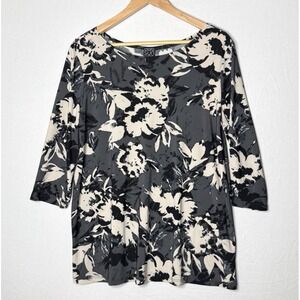 Clara Sun Woo Tunic Top Sz M Gray Beige Floral 3/4 Sleeve Slinky Career Classic